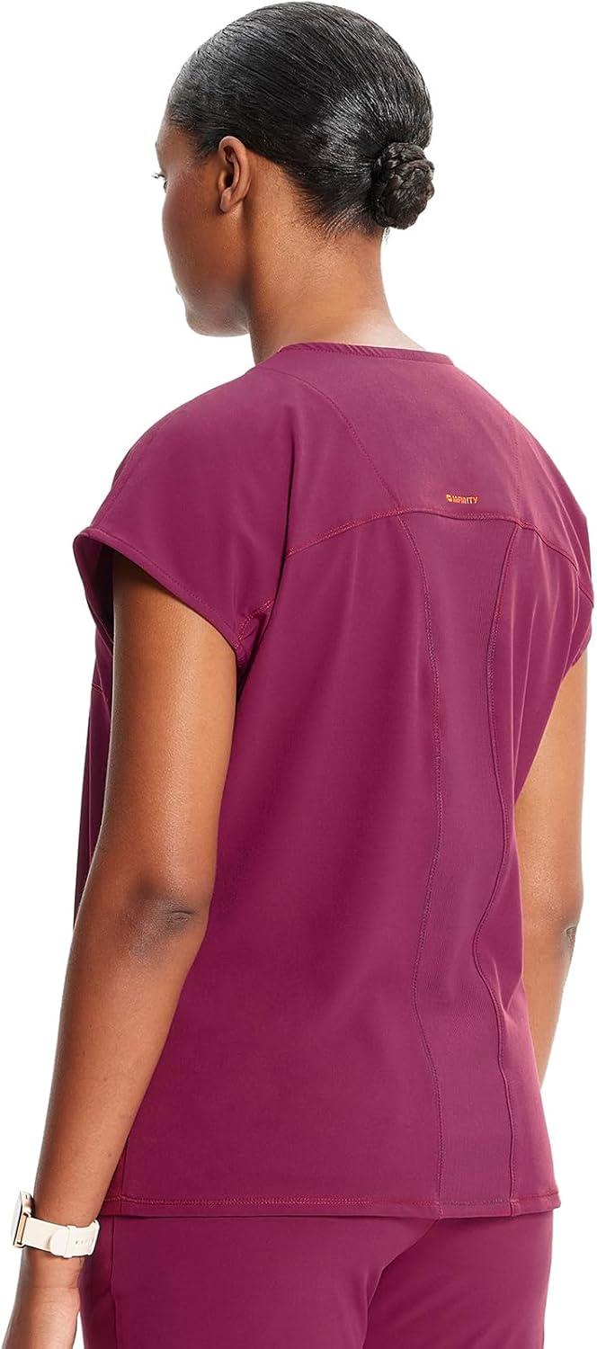 imageCherokee Infinity Womens Round Neck Scrub Top Partial Zip Covered Placket 3 Zip Pockets PROTX2 Technology IN622AWine