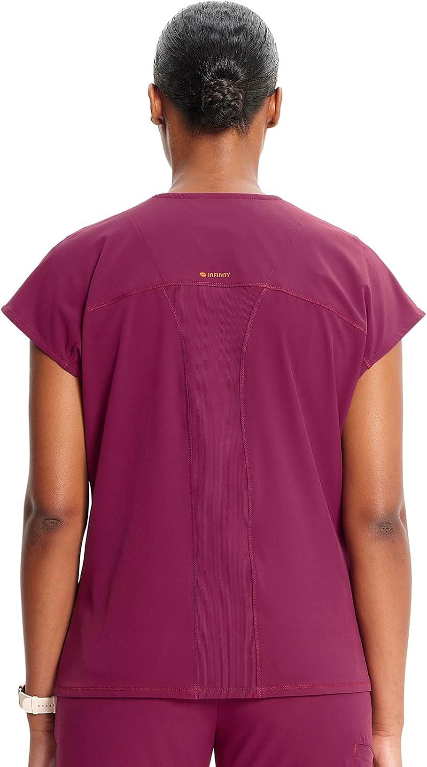 imageCherokee Infinity Womens Round Neck Scrub Top Partial Zip Covered Placket 3 Zip Pockets PROTX2 Technology IN622AWine