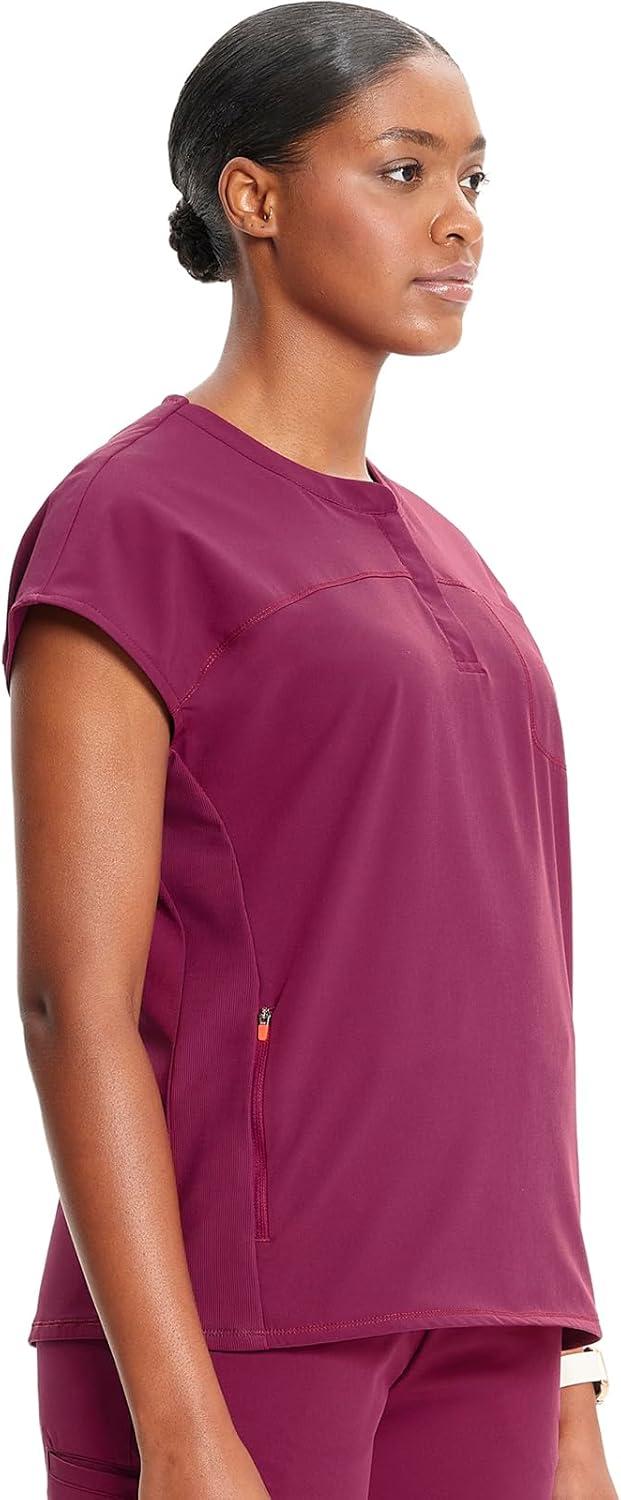 imageCherokee Infinity Womens Round Neck Scrub Top Partial Zip Covered Placket 3 Zip Pockets PROTX2 Technology IN622AWine
