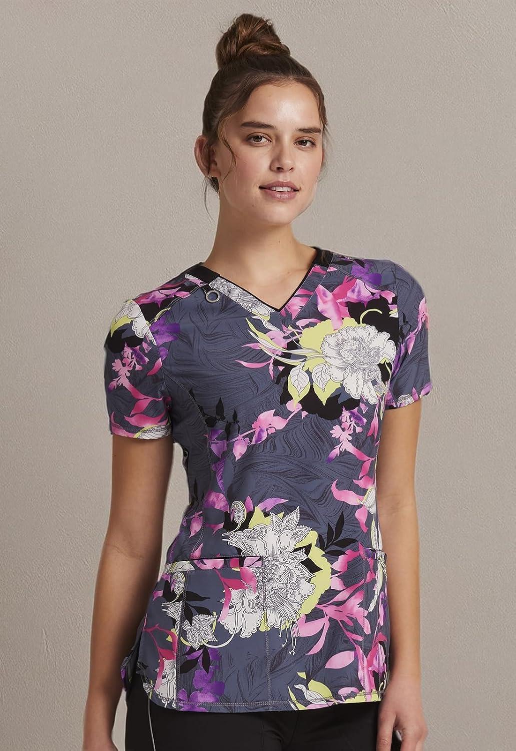 imageCherokee Infinity Womens VNeck Print Scrub Top with 2 Pockets RibKnit Insert Logo ORing Detail amp Shirttail Hem CK634Botanical Mashup
