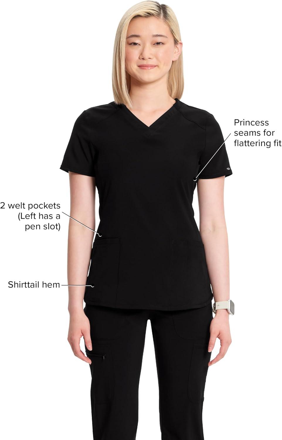 imageCherokee Infinity Womens VNeck Scrub Top Contemporary Fit 2 Pockets RibKnit Insert Side Vents 360 Stretch CK865ABlack