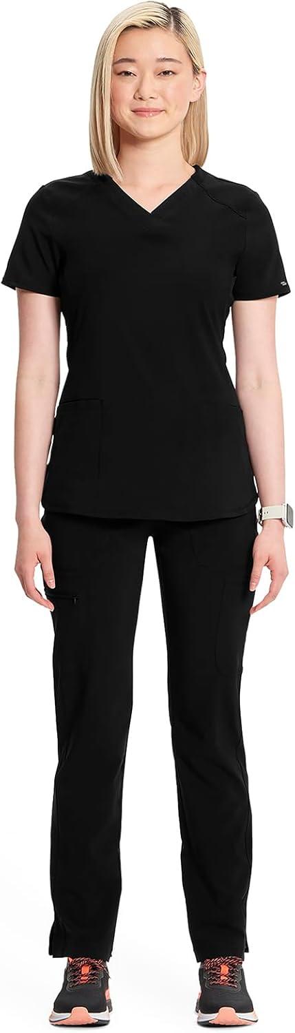 imageCherokee Infinity Womens VNeck Scrub Top Contemporary Fit 2 Pockets RibKnit Insert Side Vents 360 Stretch CK865ABlack