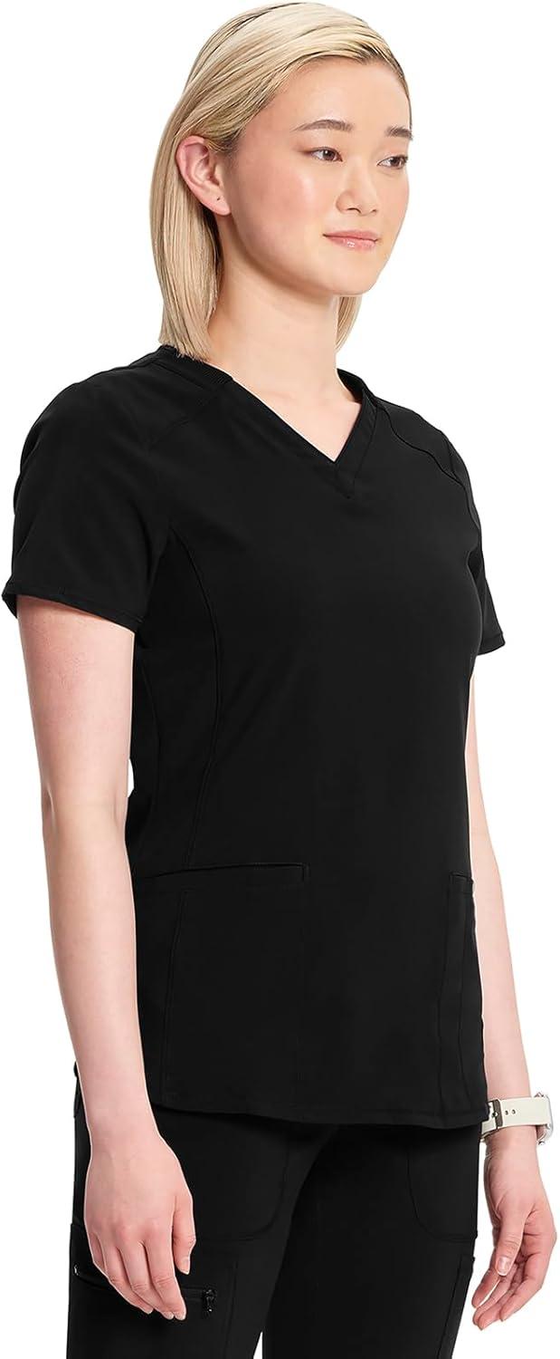 imageCherokee Infinity Womens VNeck Scrub Top Contemporary Fit 2 Pockets RibKnit Insert Side Vents 360 Stretch CK865ABlack