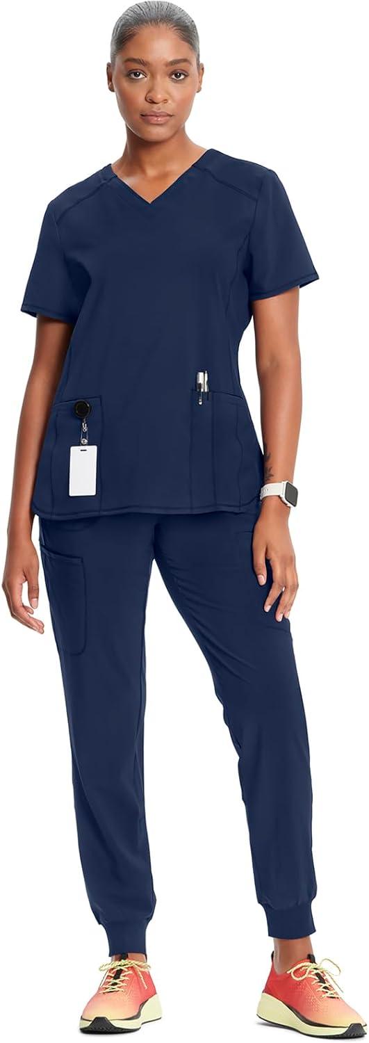 imageCherokee Infinity Womens VNeck Scrub Top Contemporary Fit 2 Pockets RibKnit Insert Side Vents 360 Stretch CK865ANavy