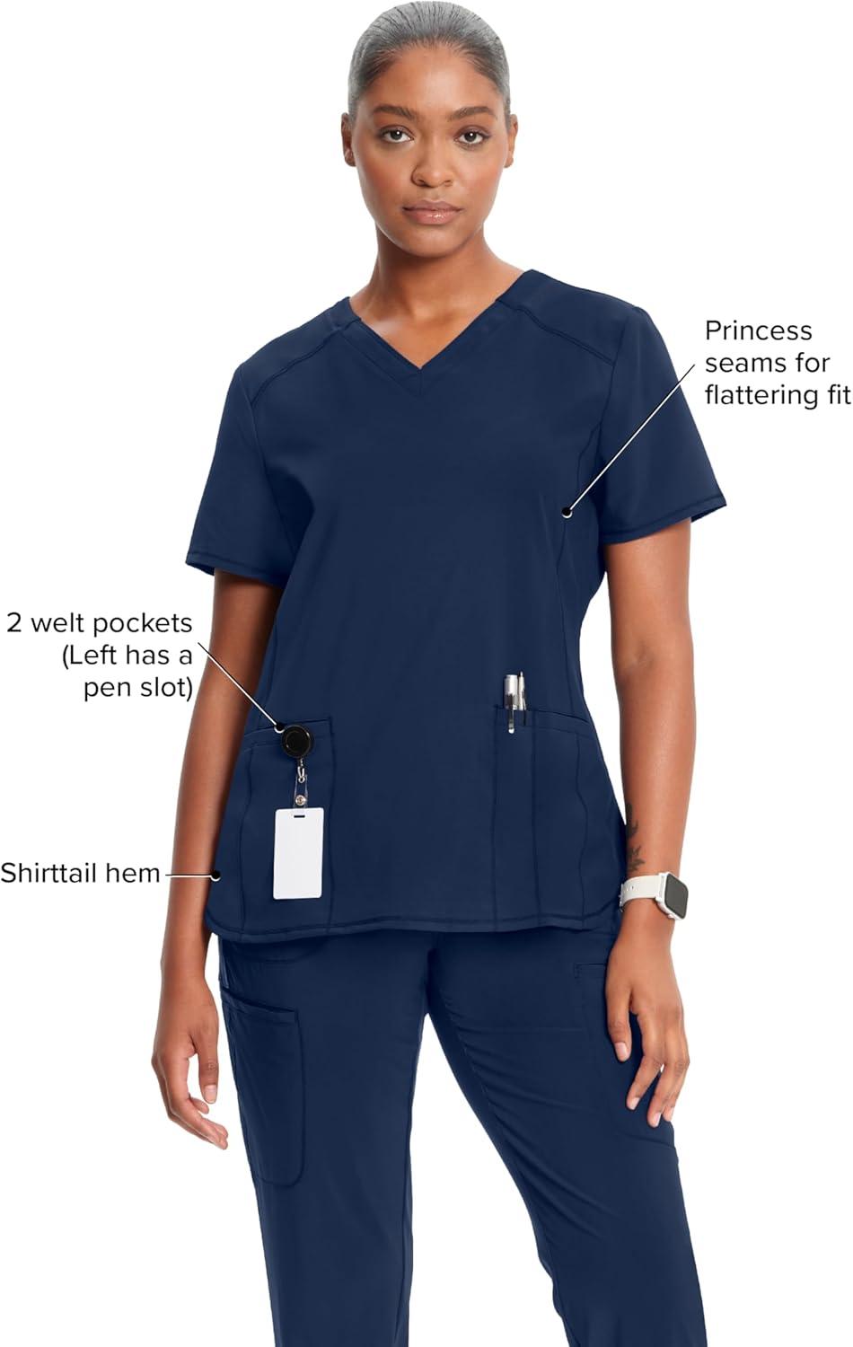 imageCherokee Infinity Womens VNeck Scrub Top Contemporary Fit 2 Pockets RibKnit Insert Side Vents 360 Stretch CK865ANavy