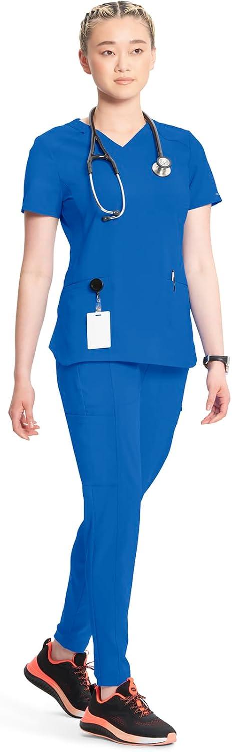imageCherokee Infinity Womens VNeck Scrub Top Contemporary Fit 2 Pockets RibKnit Insert Side Vents 360 Stretch CK865ARoyal
