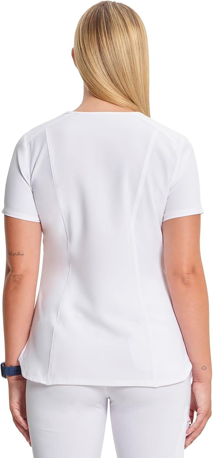 imageCherokee Infinity Womens VNeck Scrub Top Contemporary Fit 2 Pockets RibKnit Insert Side Vents 360 Stretch CK865AWhite