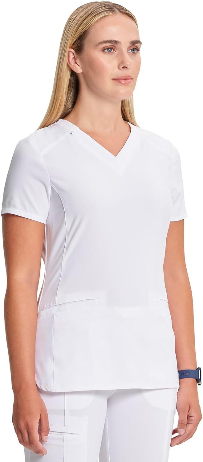 imageCherokee Infinity Womens VNeck Scrub Top Contemporary Fit 2 Pockets RibKnit Insert Side Vents 360 Stretch CK865AWhite