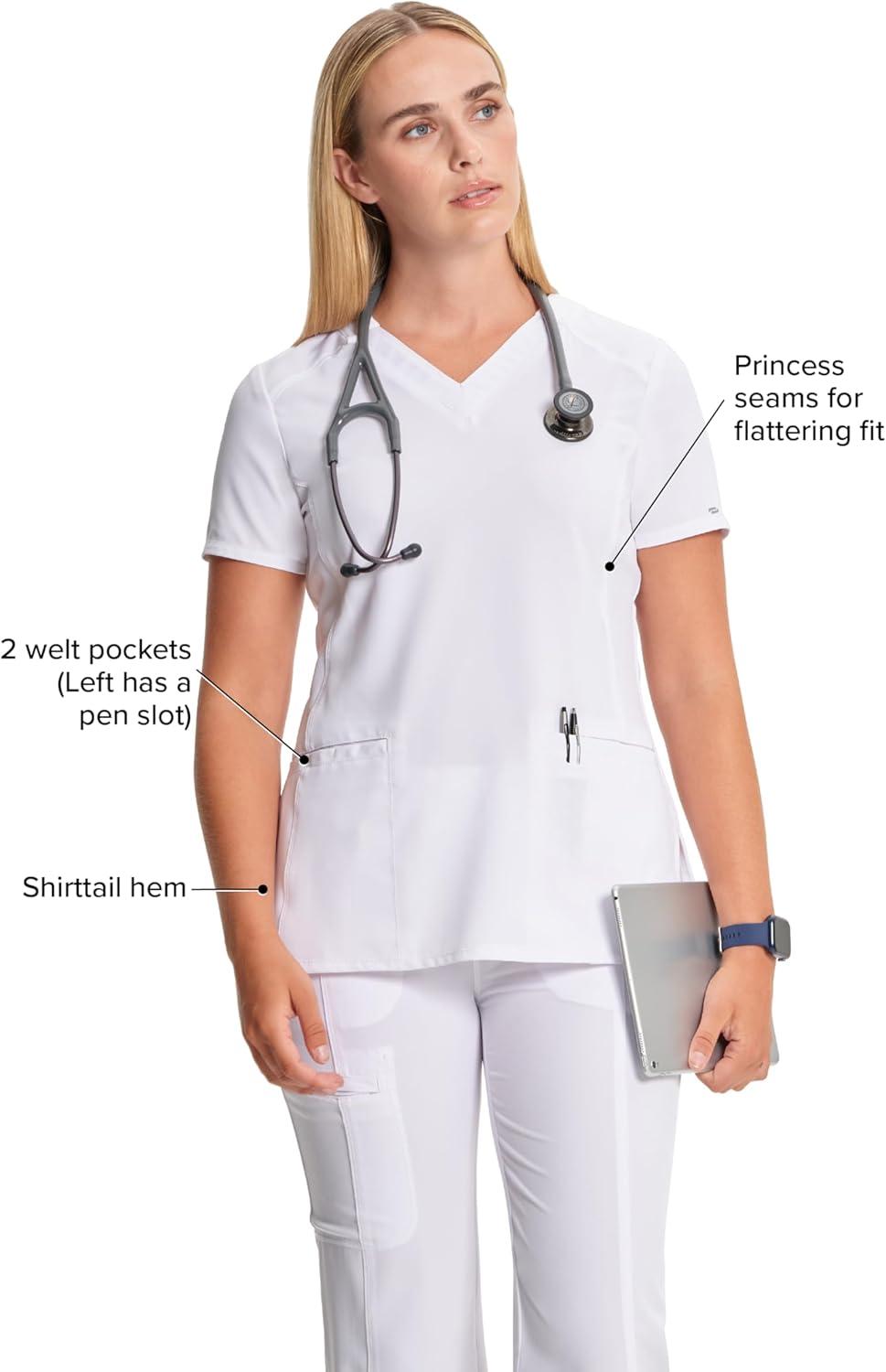 imageCherokee Infinity Womens VNeck Scrub Top Contemporary Fit 2 Pockets RibKnit Insert Side Vents 360 Stretch CK865AWhite