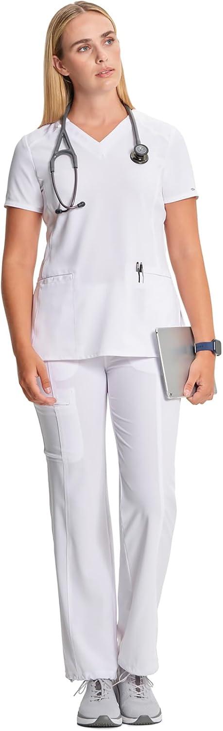 imageCherokee Infinity Womens VNeck Scrub Top Contemporary Fit 2 Pockets RibKnit Insert Side Vents 360 Stretch CK865AWhite