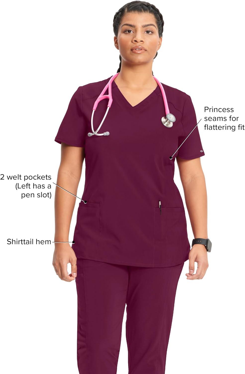 imageCherokee Infinity Womens VNeck Scrub Top Contemporary Fit 2 Pockets RibKnit Insert Side Vents 360 Stretch CK865AWine