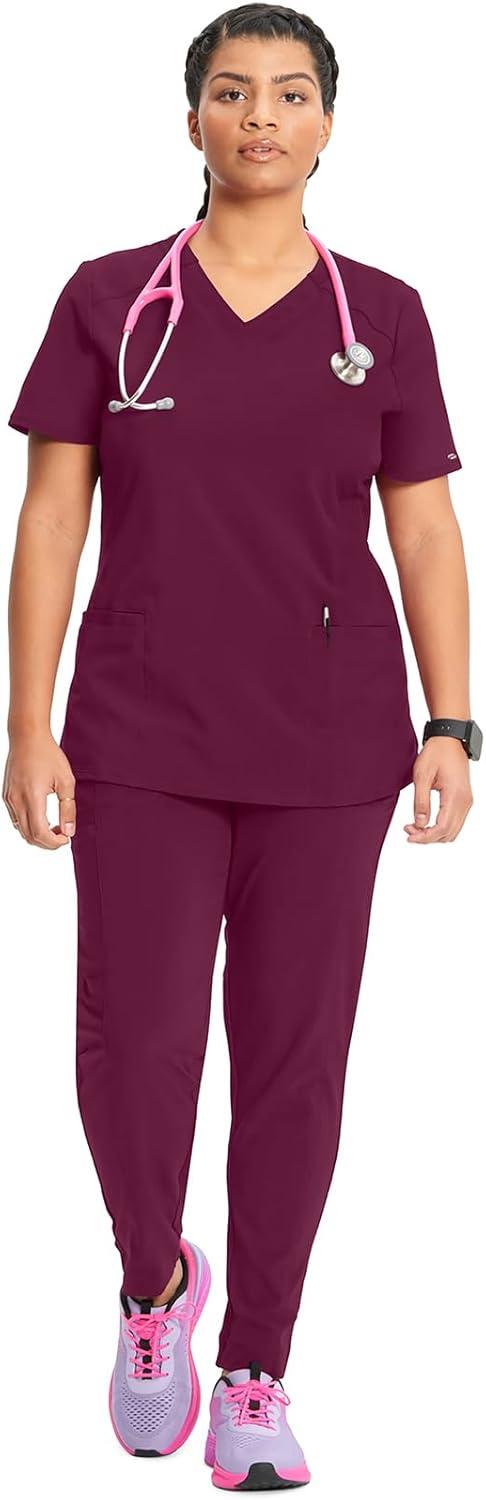 imageCherokee Infinity Womens VNeck Scrub Top Contemporary Fit 2 Pockets RibKnit Insert Side Vents 360 Stretch CK865AWine