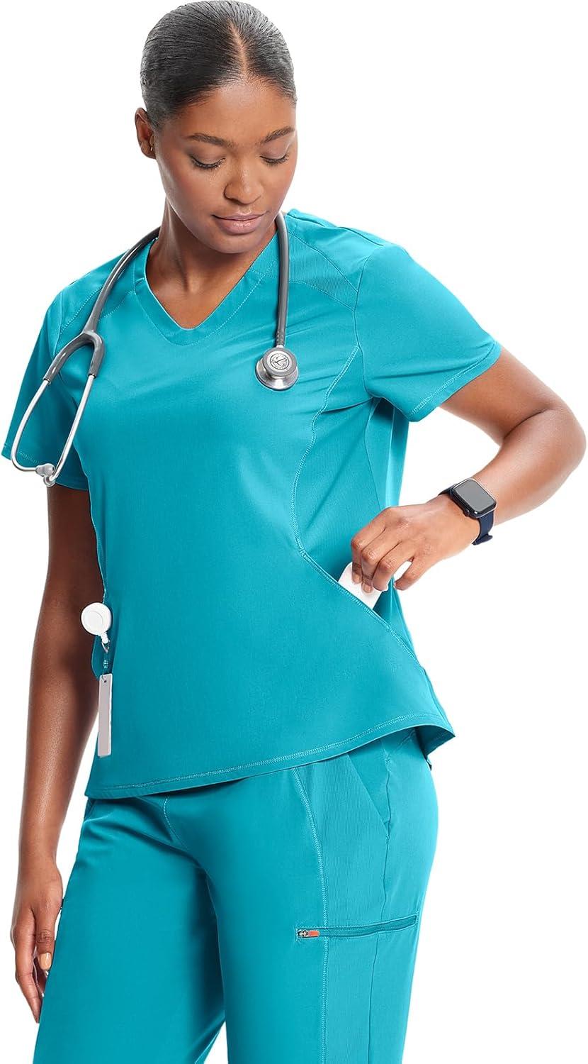 imageCherokee Infinity Womens VNeck Scrub Top Kangaroo Pocket HighLow Hem RibKnit Panels amp PROTX2 Technology IN620AAquaturque