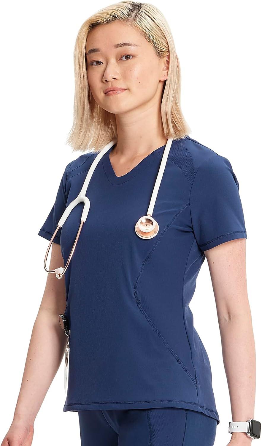 imageCherokee Infinity Womens VNeck Scrub Top Kangaroo Pocket HighLow Hem RibKnit Panels amp PROTX2 Technology IN620ANavy