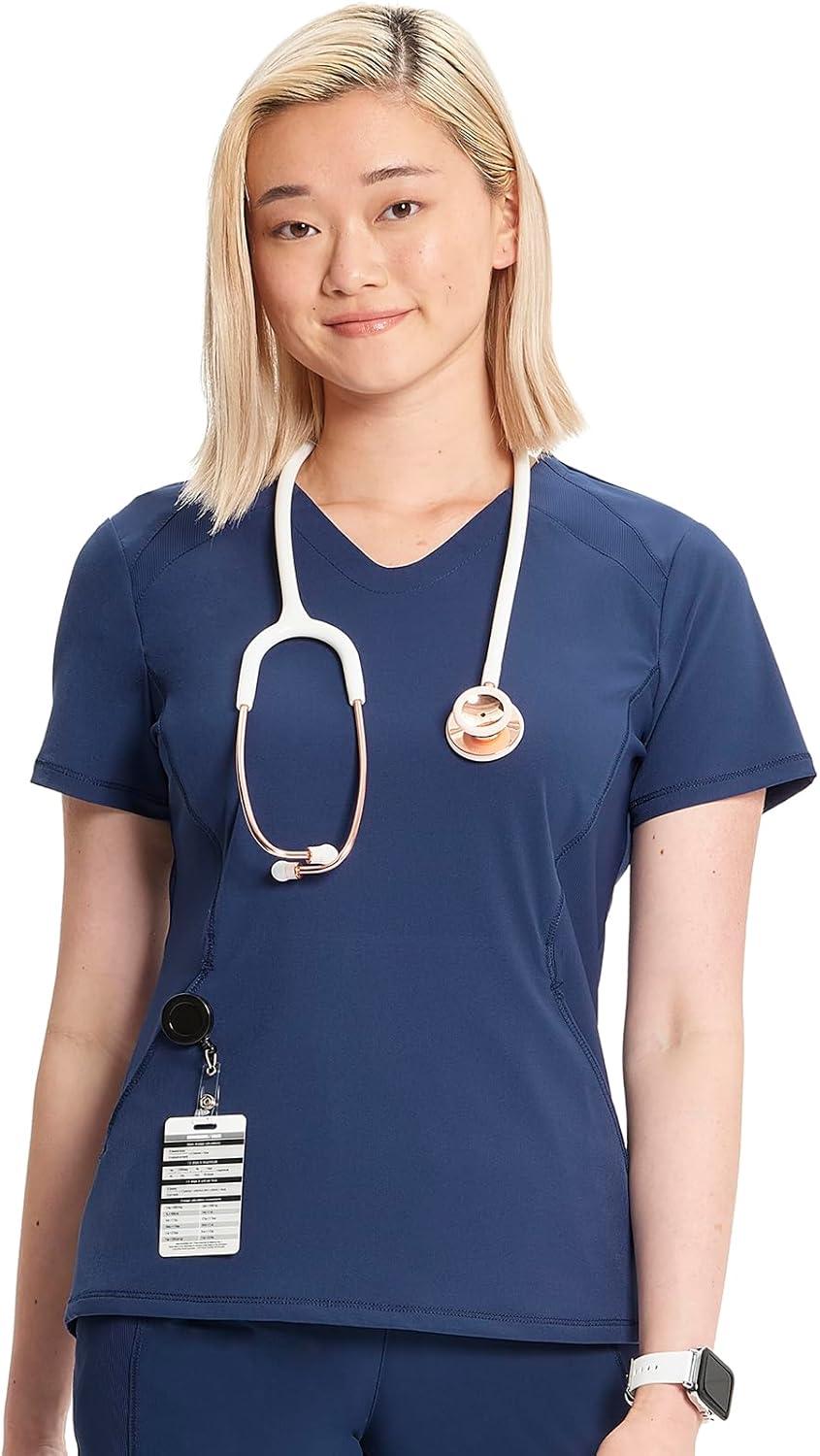 imageCherokee Infinity Womens VNeck Scrub Top Kangaroo Pocket HighLow Hem RibKnit Panels amp PROTX2 Technology IN620ANavy