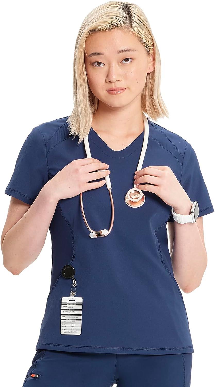 imageCherokee Infinity Womens VNeck Scrub Top Kangaroo Pocket HighLow Hem RibKnit Panels amp PROTX2 Technology IN620ANavy