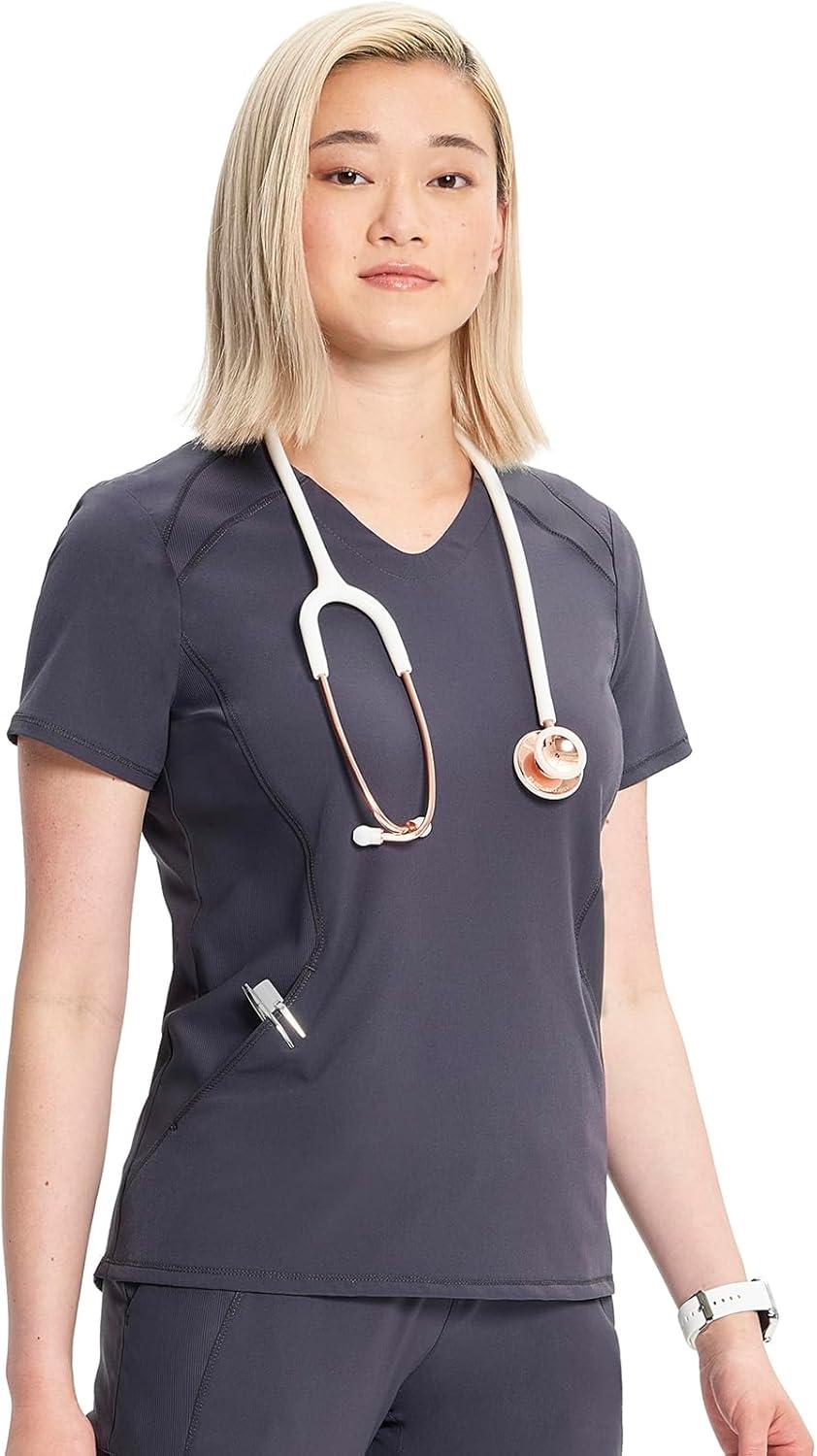 imageCherokee Infinity Womens VNeck Scrub Top Kangaroo Pocket HighLow Hem RibKnit Panels amp PROTX2 Technology IN620APewter