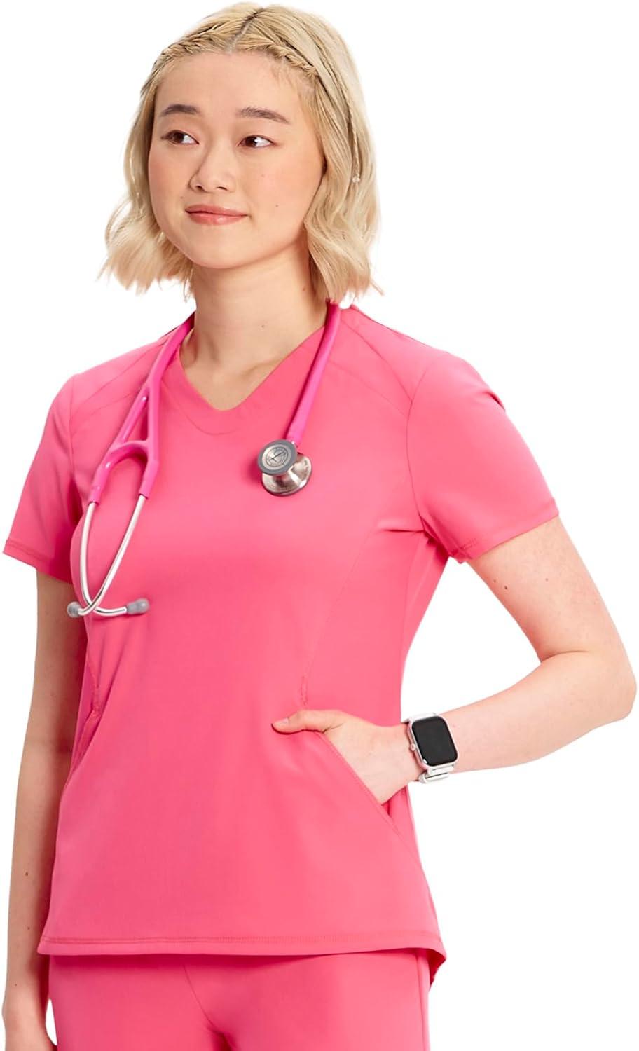 imageCherokee Infinity Womens VNeck Scrub Top Kangaroo Pocket HighLow Hem RibKnit Panels amp PROTX2 Technology IN620APower Pink