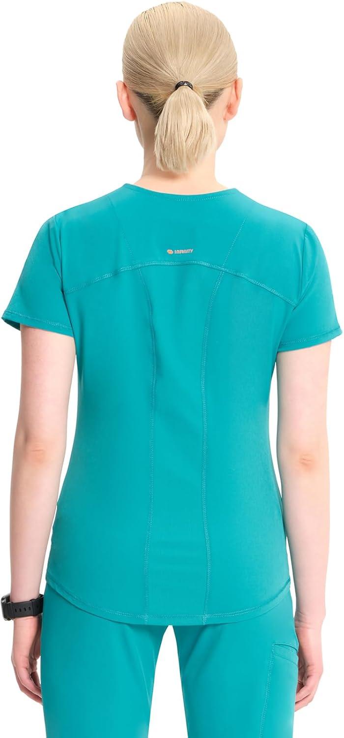 imageCherokee Infinity Womens VNeck Scrub Top Kangaroo Pocket HighLow Hem RibKnit Panels amp PROTX2 Technology IN620ATeal Blue
