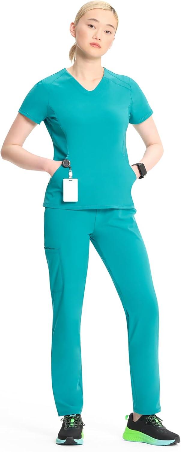 imageCherokee Infinity Womens VNeck Scrub Top Kangaroo Pocket HighLow Hem RibKnit Panels amp PROTX2 Technology IN620ATeal Blue