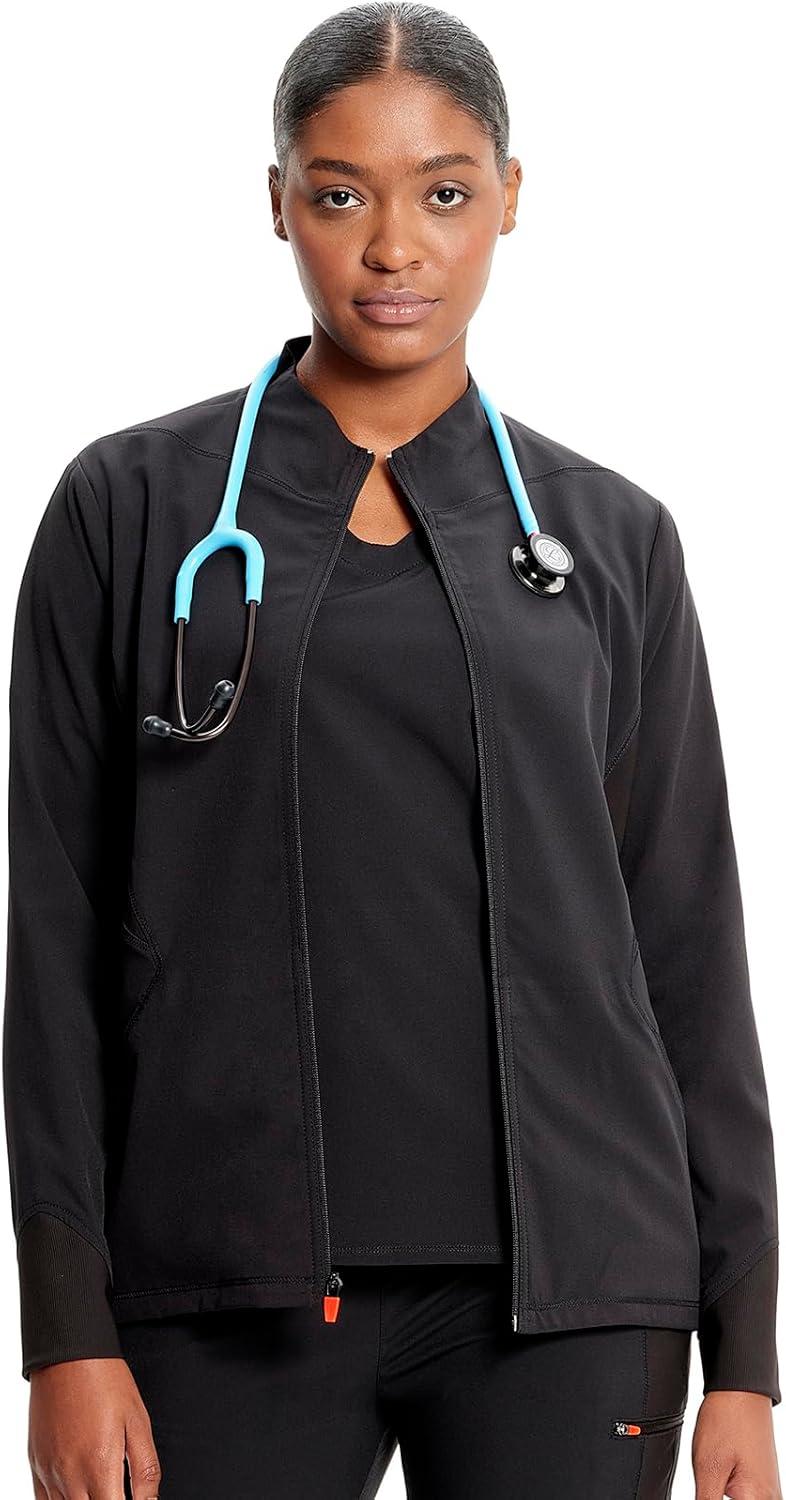 imageCherokee Infinity Womens Zip Front Scrub Jacket Contemporary Fit StandUp Collar 2 Pockets Back yoke seams IN320ABlack