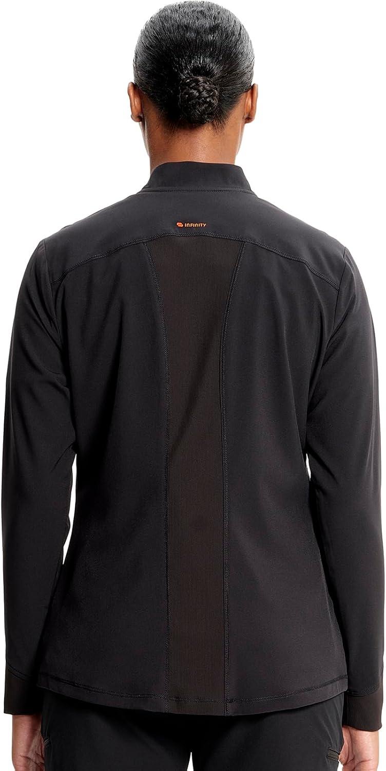 imageCherokee Infinity Womens Zip Front Scrub Jacket Contemporary Fit StandUp Collar 2 Pockets Back yoke seams IN320ABlack