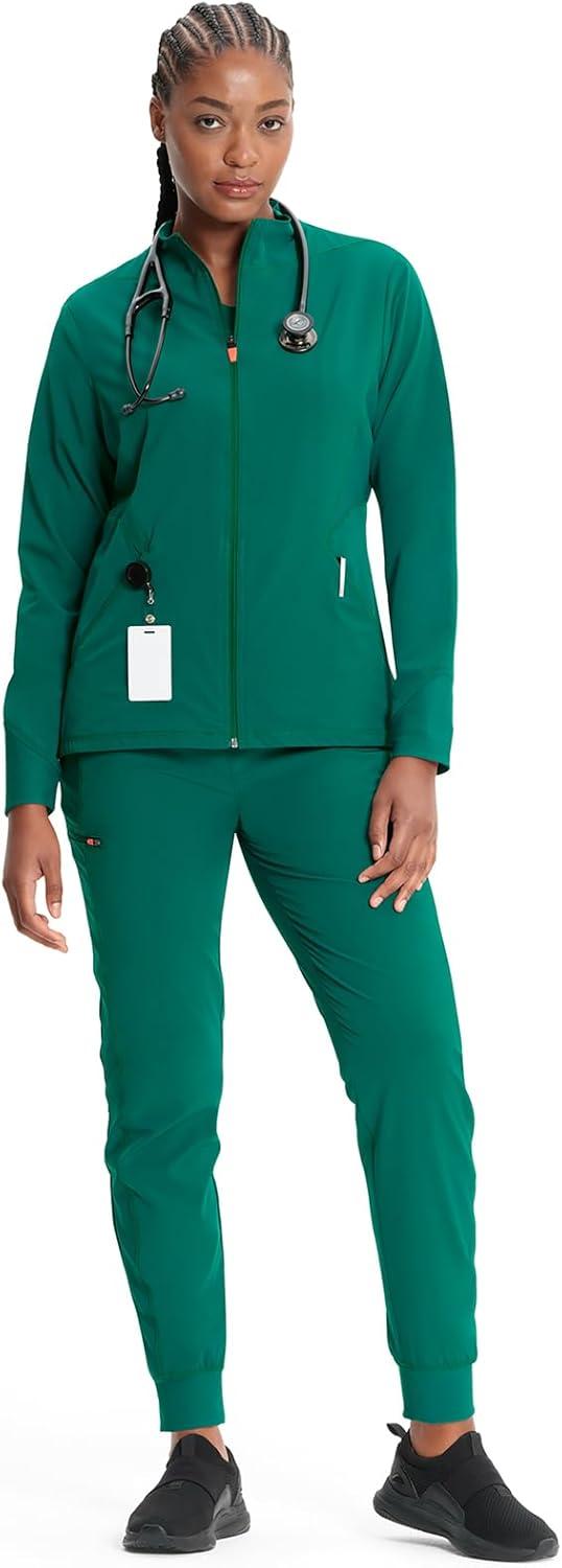 imageCherokee Infinity Womens Zip Front Scrub Jacket Contemporary Fit StandUp Collar 2 Pockets Back yoke seams IN320AHunter