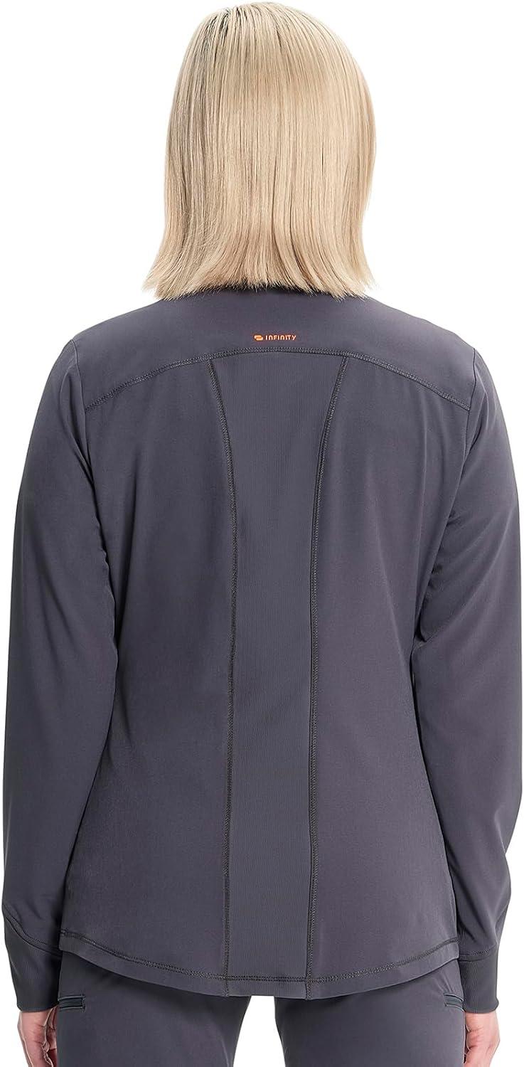 imageCherokee Infinity Womens Zip Front Scrub Jacket Contemporary Fit StandUp Collar 2 Pockets Back yoke seams IN320APewter