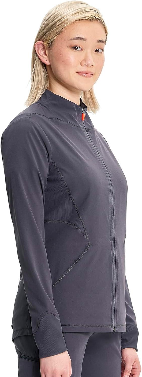 imageCherokee Infinity Womens Zip Front Scrub Jacket Contemporary Fit StandUp Collar 2 Pockets Back yoke seams IN320APewter