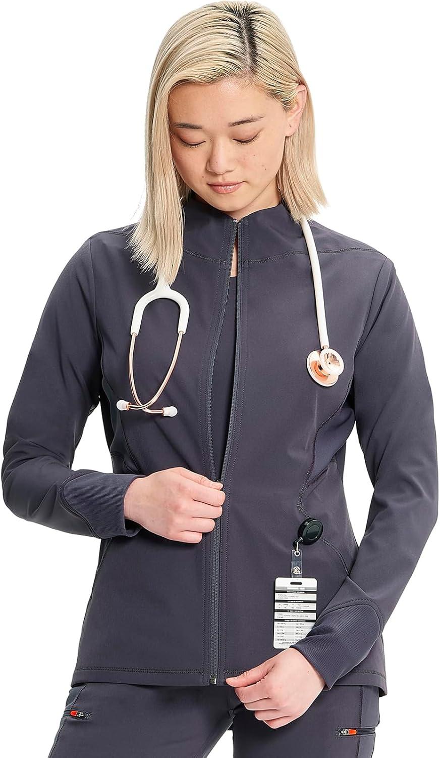 imageCherokee Infinity Womens Zip Front Scrub Jacket Contemporary Fit StandUp Collar 2 Pockets Back yoke seams IN320APewter