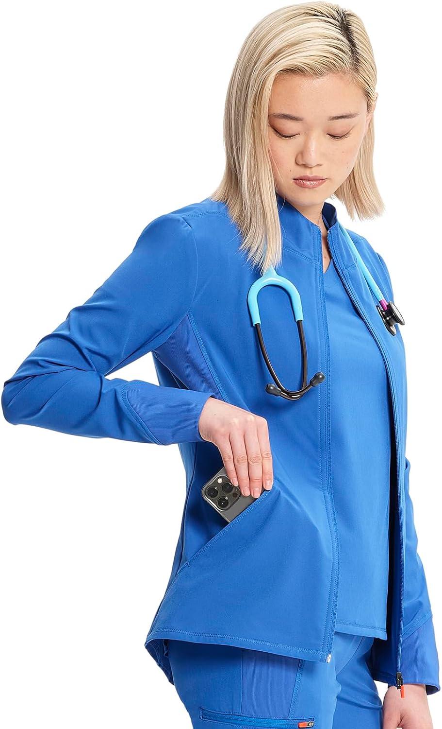 imageCherokee Infinity Womens Zip Front Scrub Jacket Contemporary Fit StandUp Collar 2 Pockets Back yoke seams IN320ARoyal
