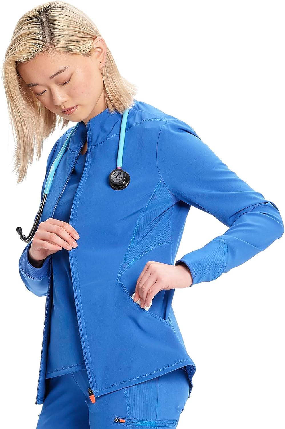 imageCherokee Infinity Womens Zip Front Scrub Jacket Contemporary Fit StandUp Collar 2 Pockets Back yoke seams IN320ARoyal