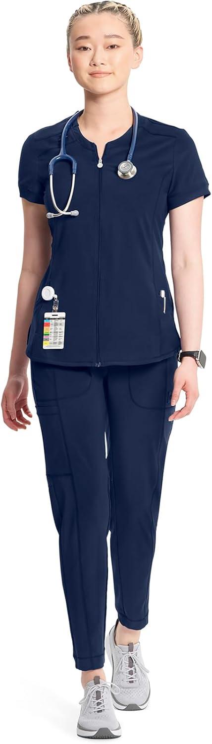 imageCherokee Infinity Womens Zip Front VNeck Scrub Top 4 Pockets Moisture Wicking WrinkleResistant 360 Stretch CK810ANavy