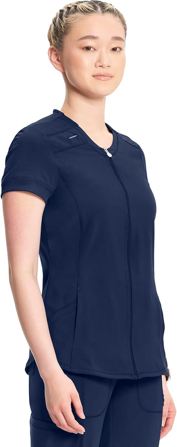 imageCherokee Infinity Womens Zip Front VNeck Scrub Top 4 Pockets Moisture Wicking WrinkleResistant 360 Stretch CK810ANavy
