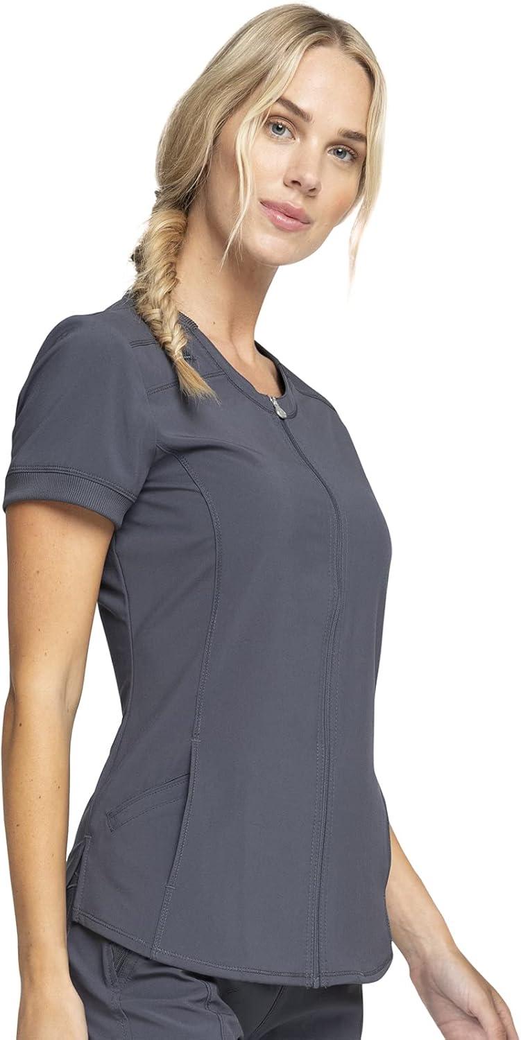 imageCherokee Infinity Womens Zip Front VNeck Scrub Top 4 Pockets Moisture Wicking WrinkleResistant 360 Stretch CK810APewter