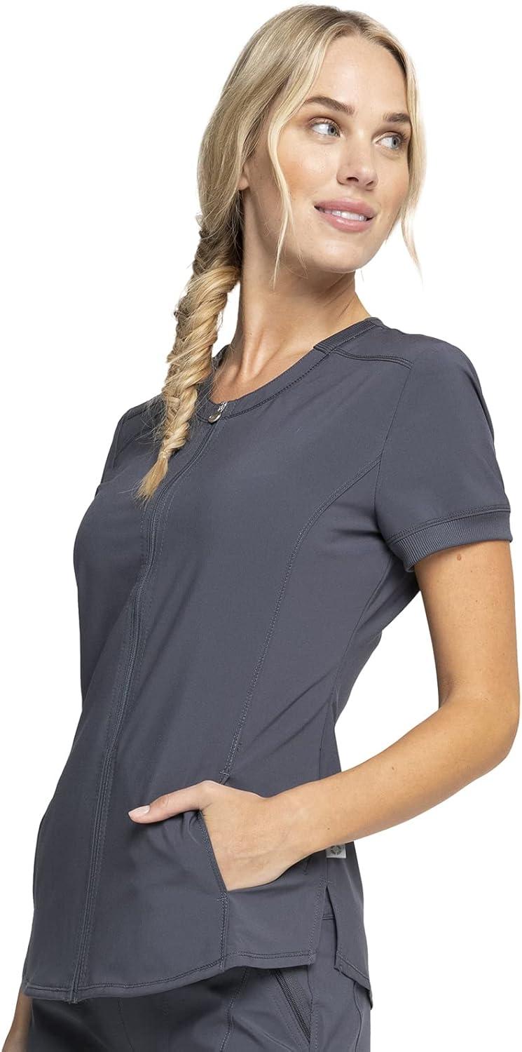 imageCherokee Infinity Womens Zip Front VNeck Scrub Top 4 Pockets Moisture Wicking WrinkleResistant 360 Stretch CK810APewter