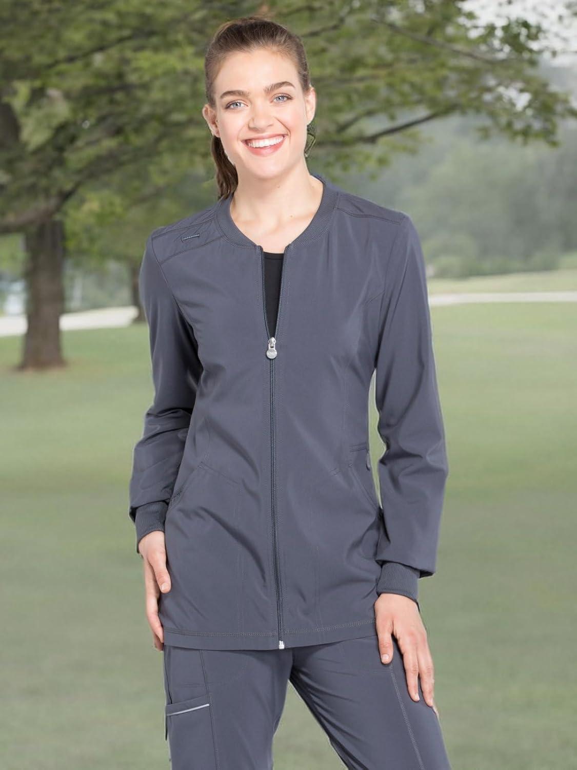 imageCherokee Infinity Zip Front Womens Scrub Jacket 4Way Stretch with Superior Performance and Comfort for Nurse CK370APewter