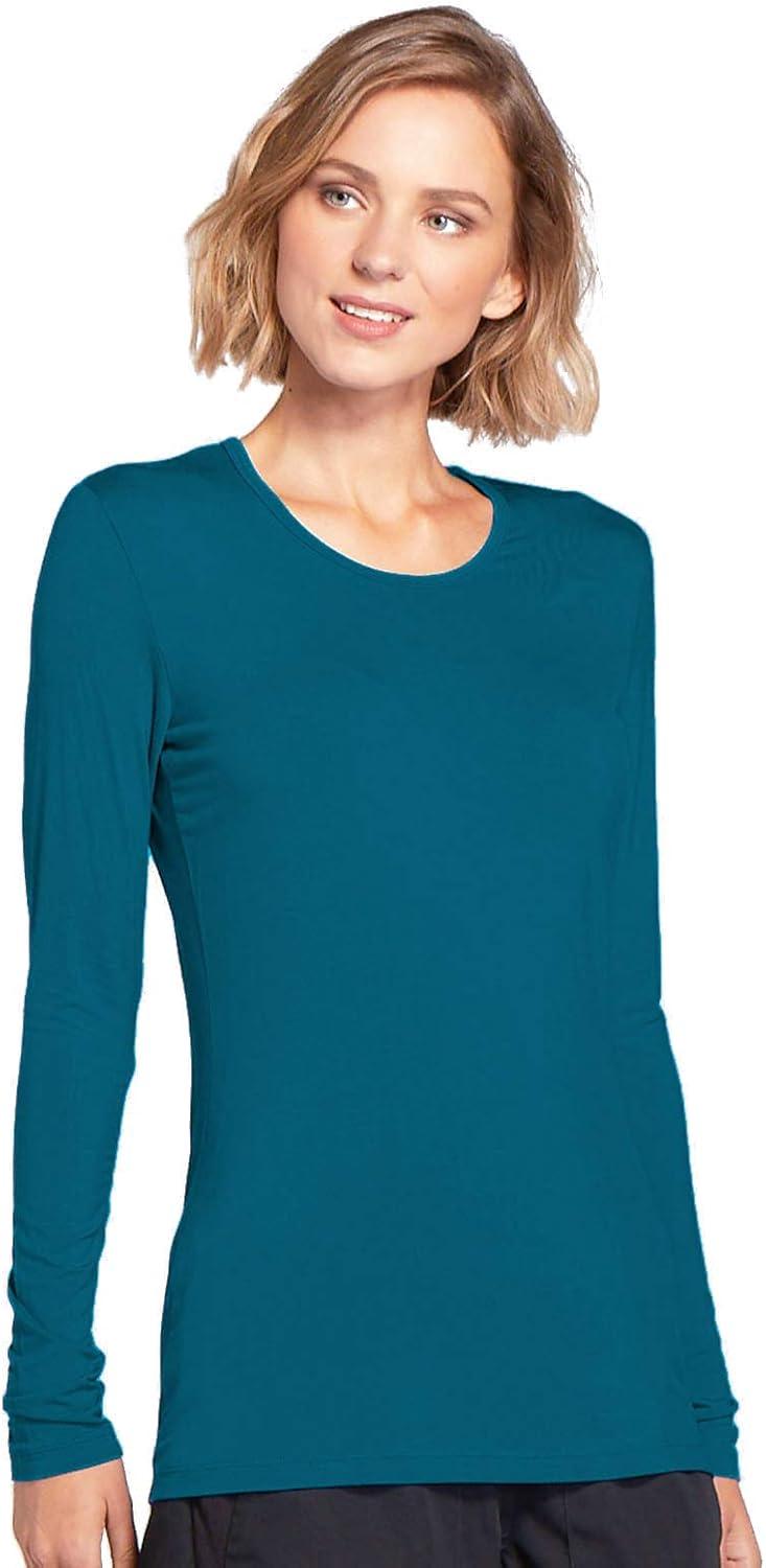 imageCherokee Long Sleeve Underscrub for Women Modern Classic fit Soft Crew Neck Knit Tee with 2Way Stretch 4881Caribbean Blue
