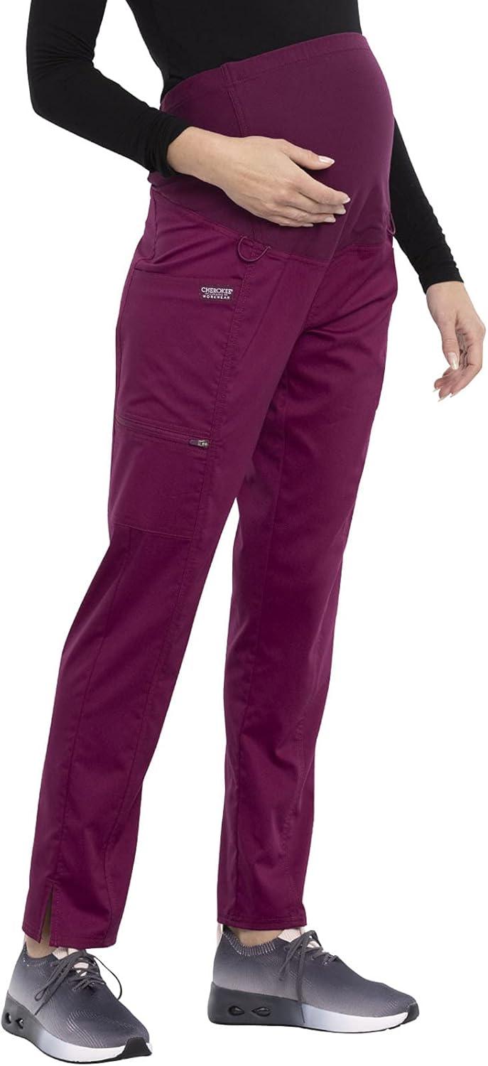 imageCherokee Maternity Scrub Pants for Women Straight Leg Bottoms with Belly Coverage Ultra Soft 2Way Stretch Fabric WW155Wine