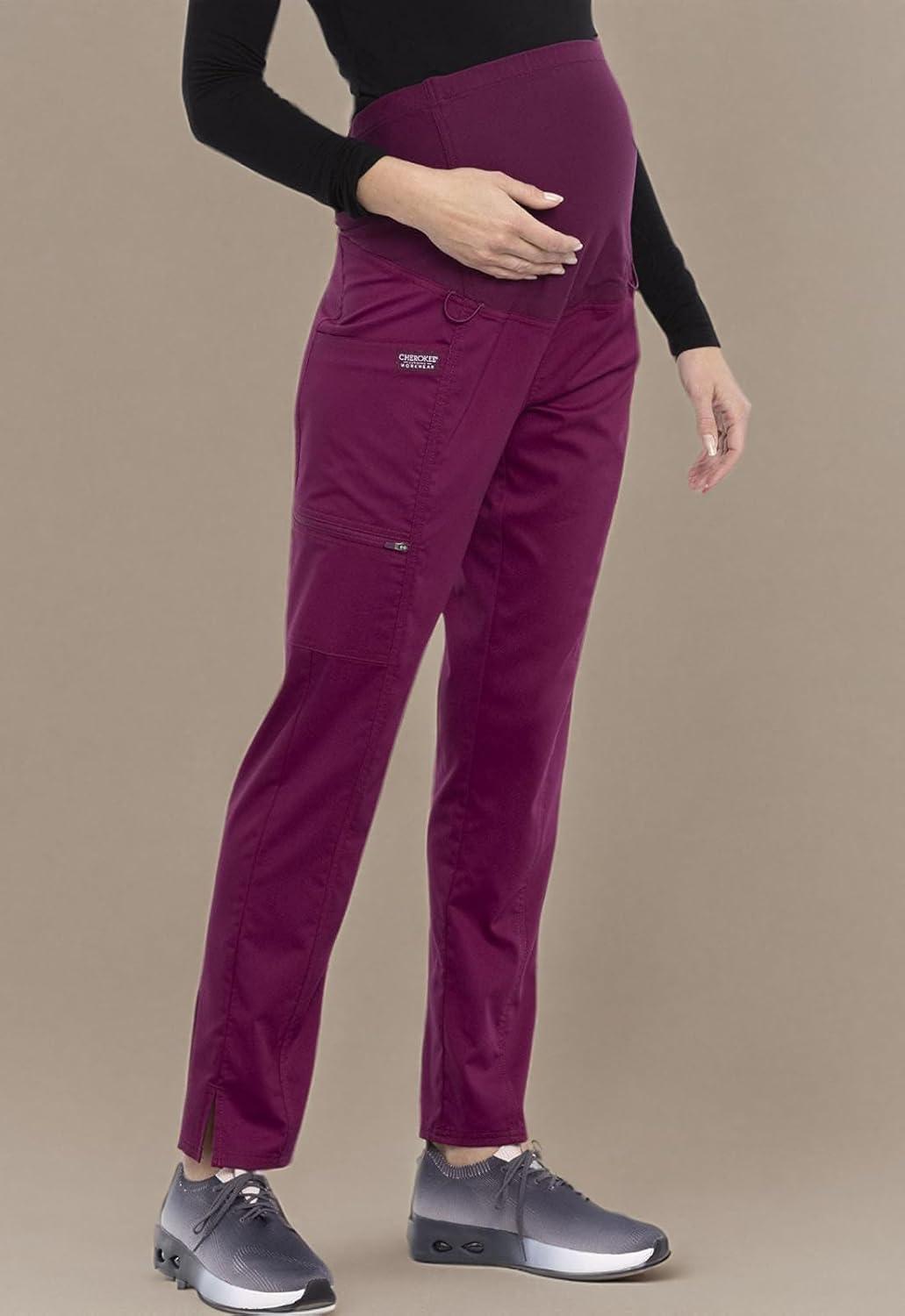 imageCherokee Maternity Scrub Pants for Women Straight Leg Bottoms with Belly Coverage Ultra Soft 2Way Stretch Fabric WW155Wine