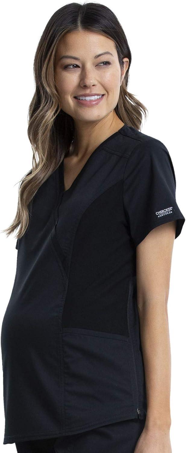 imageCherokee Maternity Scrub Top Mock Wrap with 2 Pockets Breathable and 2Way Stretch Fabric WW688Black