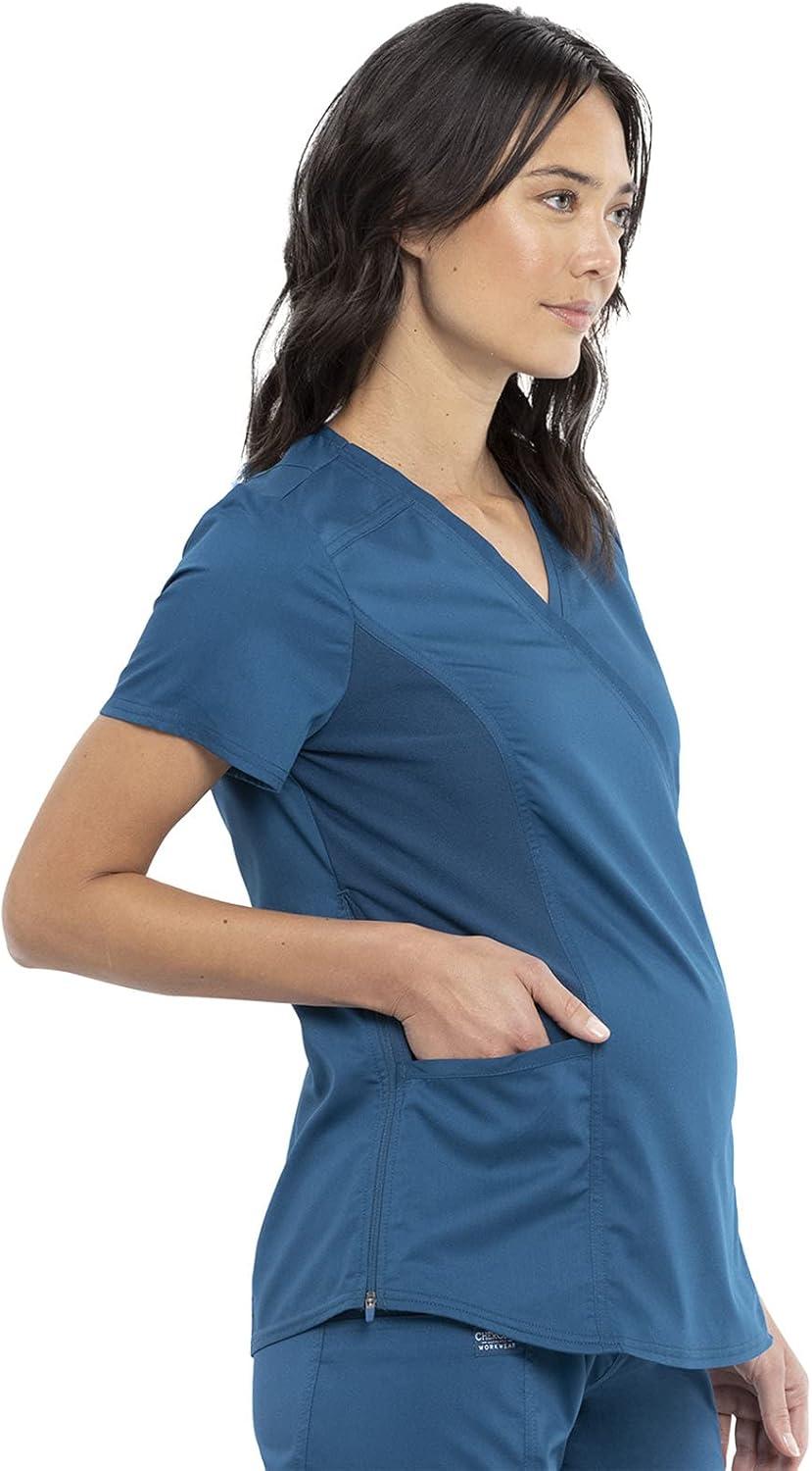 imageCherokee Maternity Scrub Top Mock Wrap with 2 Pockets Breathable and 2Way Stretch Fabric WW688Caribbean Blue