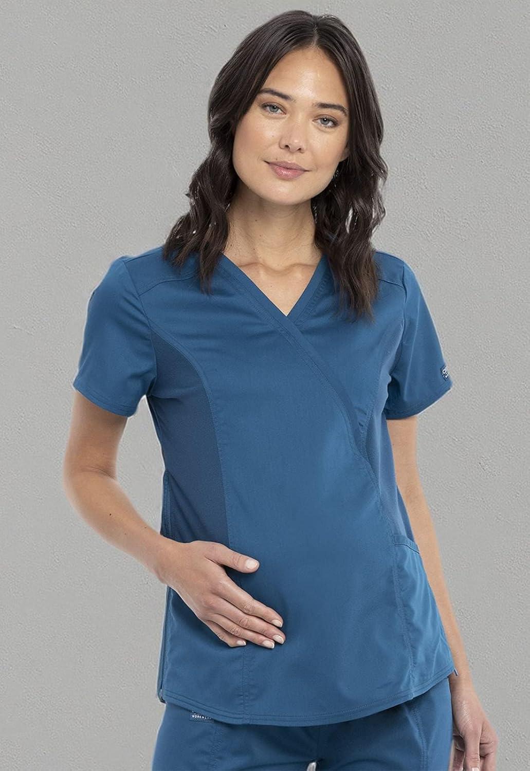 imageCherokee Maternity Scrub Top Mock Wrap with 2 Pockets Breathable and 2Way Stretch Fabric WW688Caribbean Blue