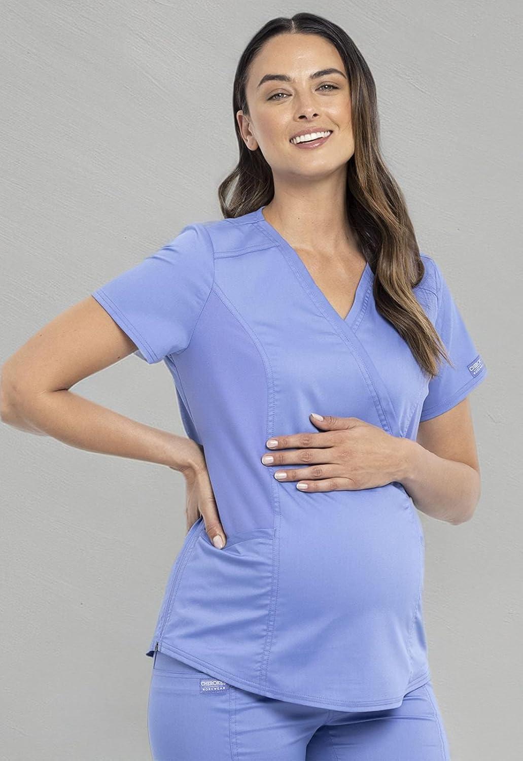 imageCherokee Maternity Scrub Top Mock Wrap with 2 Pockets Breathable and 2Way Stretch Fabric WW688Ciel