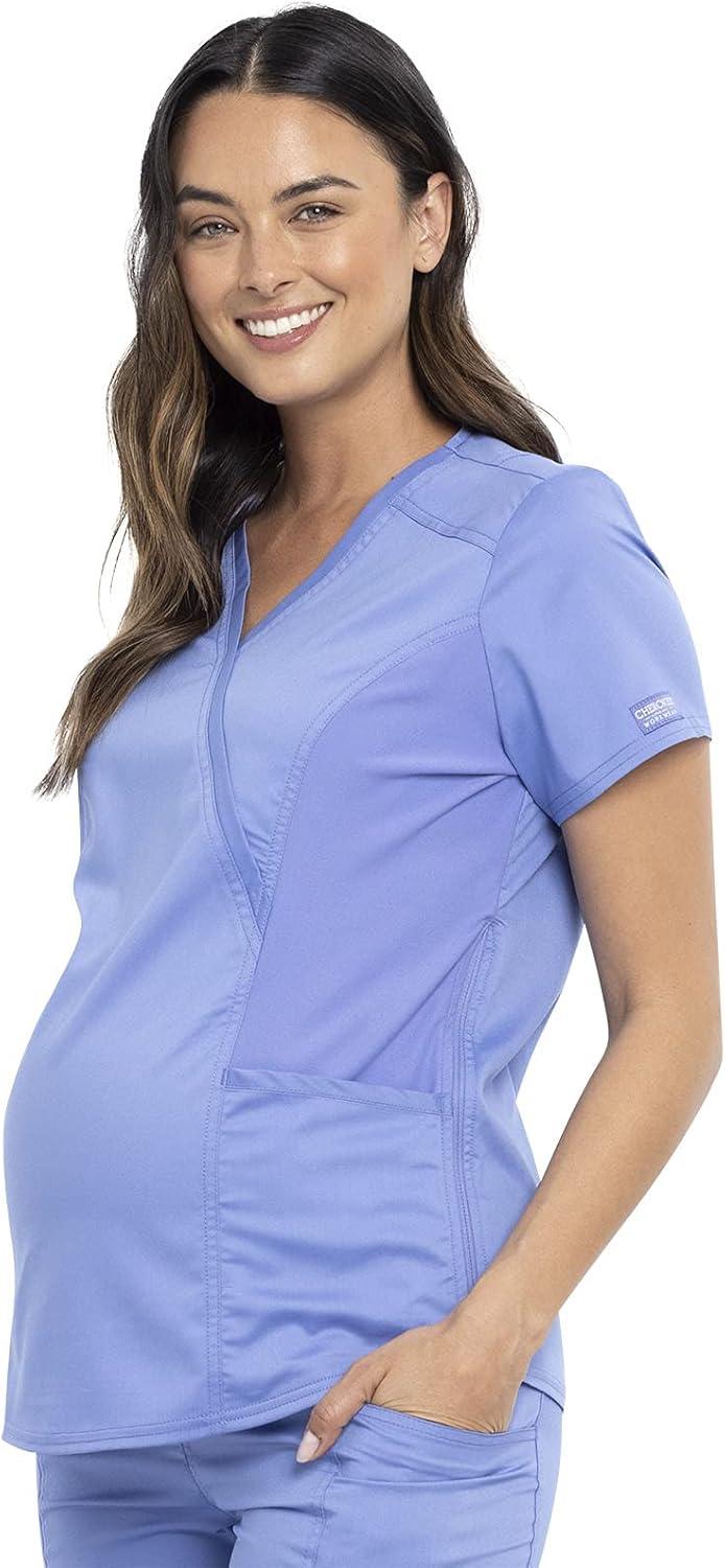 imageCherokee Maternity Scrub Top Mock Wrap with 2 Pockets Breathable and 2Way Stretch Fabric WW688Ciel