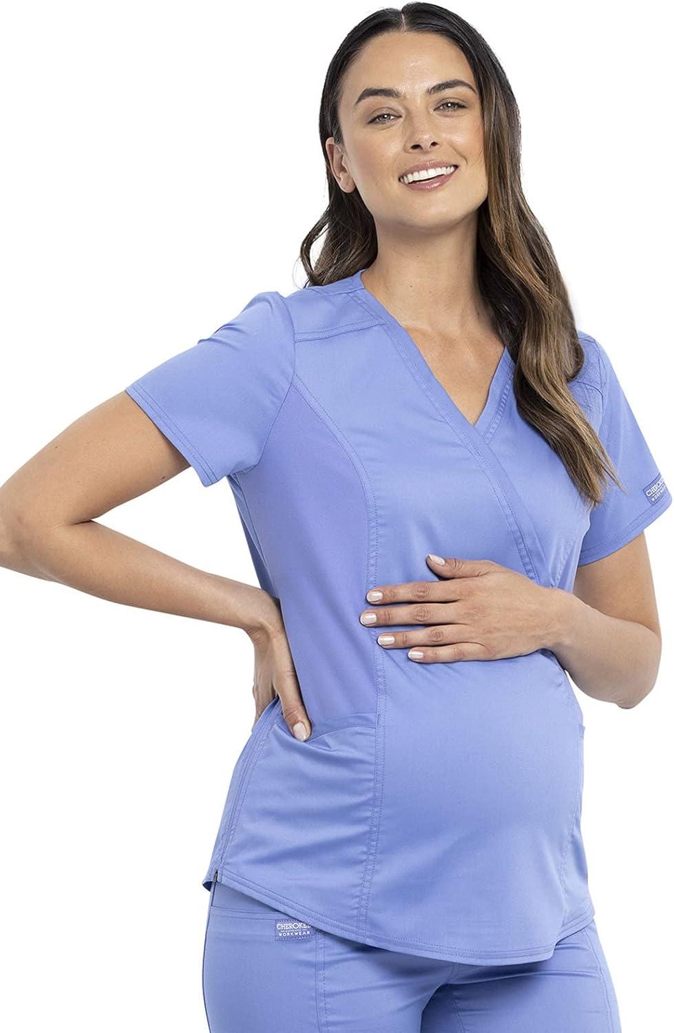 imageCherokee Maternity Scrub Top Mock Wrap with 2 Pockets Breathable and 2Way Stretch Fabric WW688Ciel