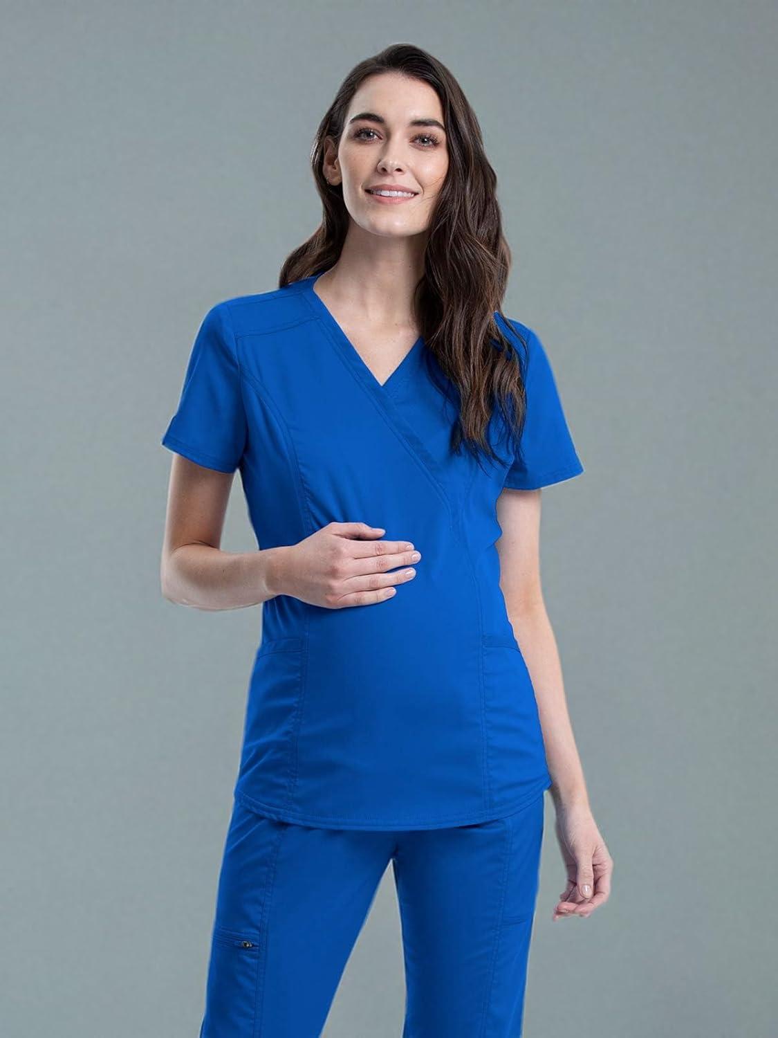 imageCherokee Maternity Scrub Top Mock Wrap with 2 Pockets Breathable and 2Way Stretch Fabric WW688Royal