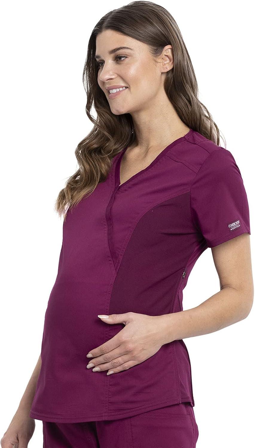 imageCherokee Maternity Scrub Top Mock Wrap with 2 Pockets Breathable and 2Way Stretch Fabric WW688Wine