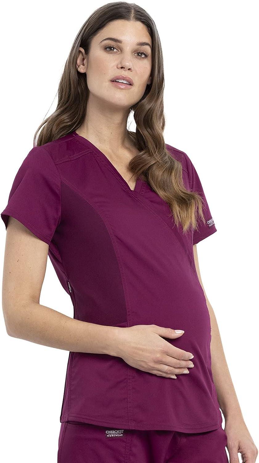 imageCherokee Maternity Scrub Top Mock Wrap with 2 Pockets Breathable and 2Way Stretch Fabric WW688Wine