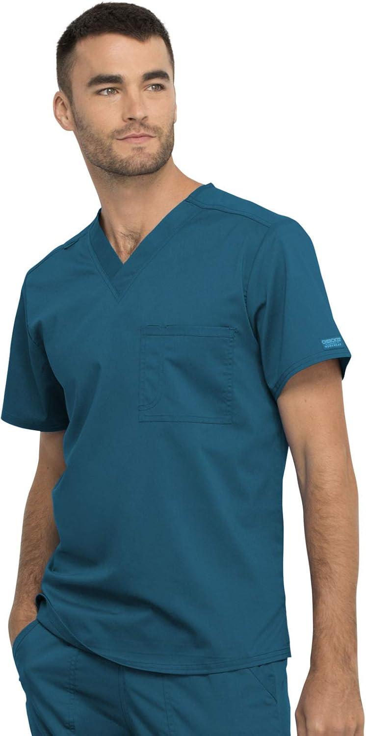imageCherokee Men and Women Scrub Set Tuckable VNeck Top WW625 with Tapered Leg Drawstring Pant WW020Caribbean Blue